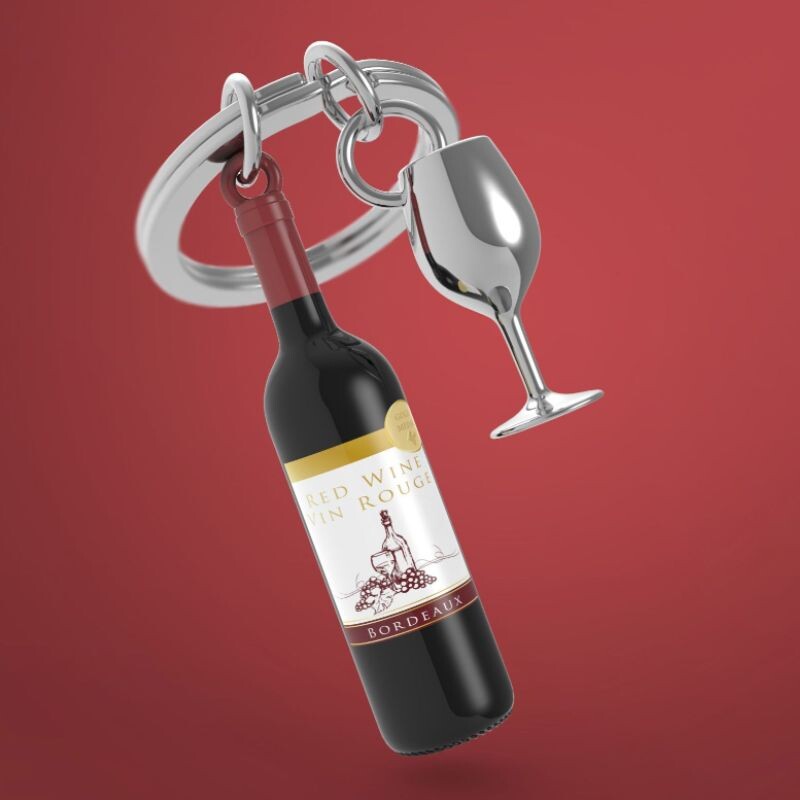 Wine Bottle & Glass Metal Keyring - Gifts and Hampers - Online gift shop